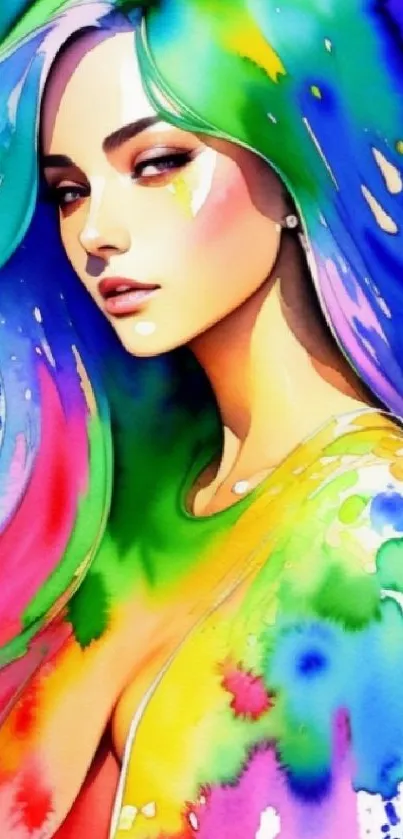 Vibrant watercolor art illustration of a woman with colorful splashes.