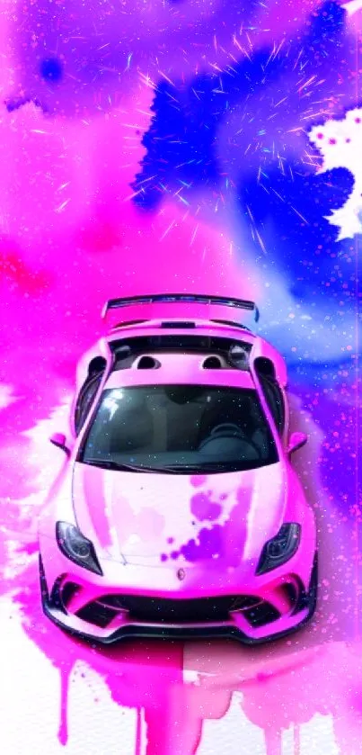 Vibrant sports car with pink and blue watercolor splashes.