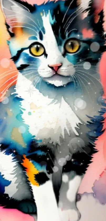 Vibrant watercolor cat art on colorful background.