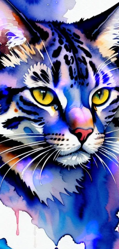 Artistic watercolor illustration of a cat with vibrant blue hues.