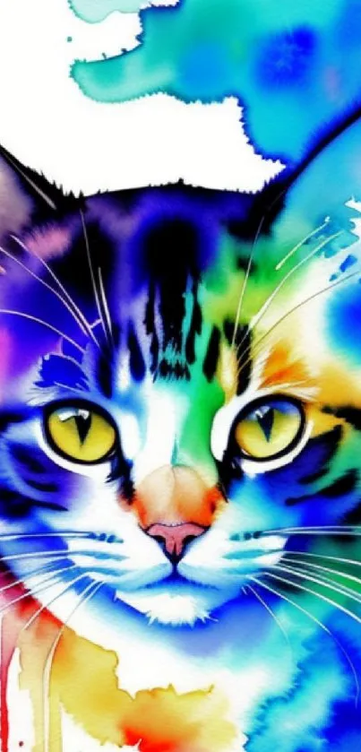 Colorful watercolor cat portrait in vibrant hues and white background.