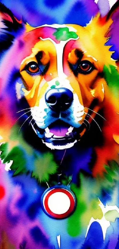 Colorful watercolor dog art with vibrant splashes.