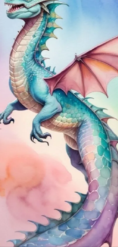 Colorful watercolor dragon with pastel shades.