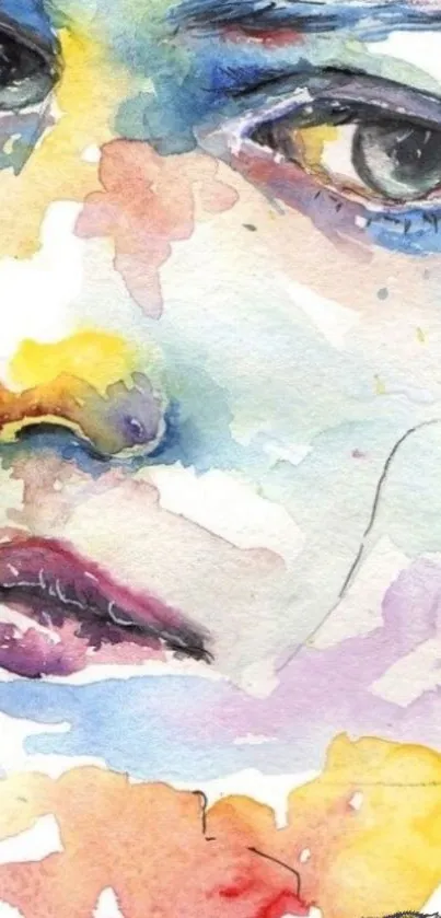 Vibrant watercolor face art wallpaper with colorful abstract splashes and details.