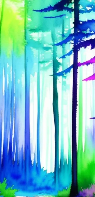 Vibrant watercolor forest with colorful trees and serene atmosphere.