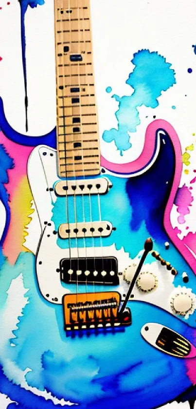 Watercolor electric guitar with vibrant colors and artistic splashes.