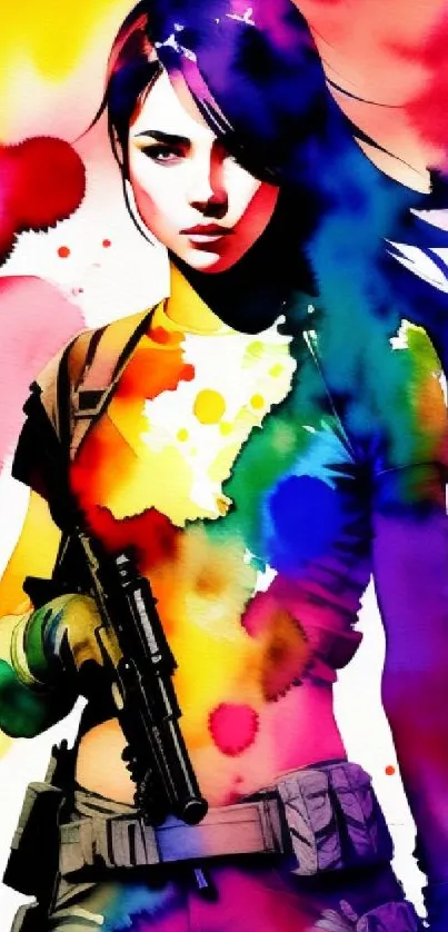 Vibrant watercolor art of a strong female character with colorful splashes.