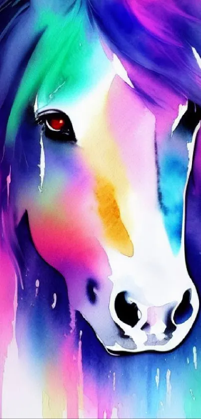 Vibrant watercolor horse artwork with dynamic colors.