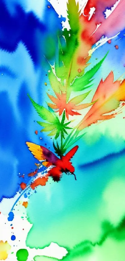 Vibrant watercolor wallpaper with leaves and hummingbird.