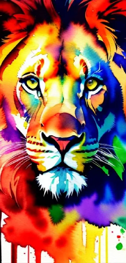 Vibrant watercolor lion in bold colors.