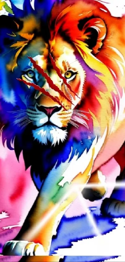 Vibrant watercolor lion with vivid colors on mobile wallpaper.