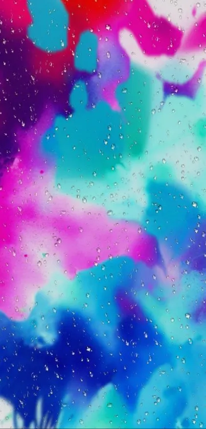 Vibrant watercolor wallpaper with blue, pink, and raindrop texture.
