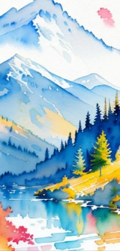 Vibrant watercolor mountain landscape with trees and lake reflection.