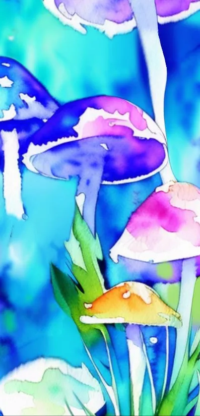 Vibrant watercolor mushrooms with blue, pink, and orange hues.