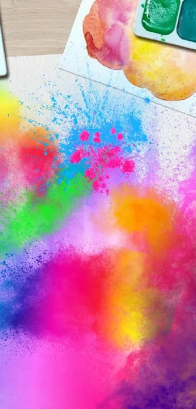 Vibrant watercolor splash with brushes and paint palette.