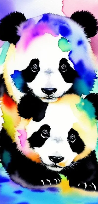 Colorful watercolor panda artwork with vibrant hues for phone wallpaper.