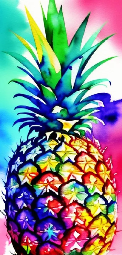 Vibrant watercolor pineapple with rainbow hues on white background.