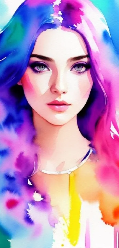 Colorful watercolor portrait of a woman with vibrant artistic splashes.