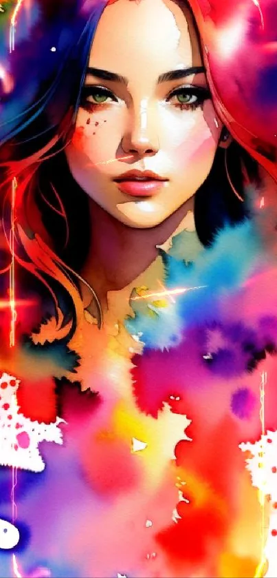 Vibrant watercolor portrait of a woman with colorful abstract splashes.