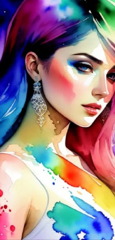 Colorful watercolor portrait of a woman with vibrant shades and artistic expression.