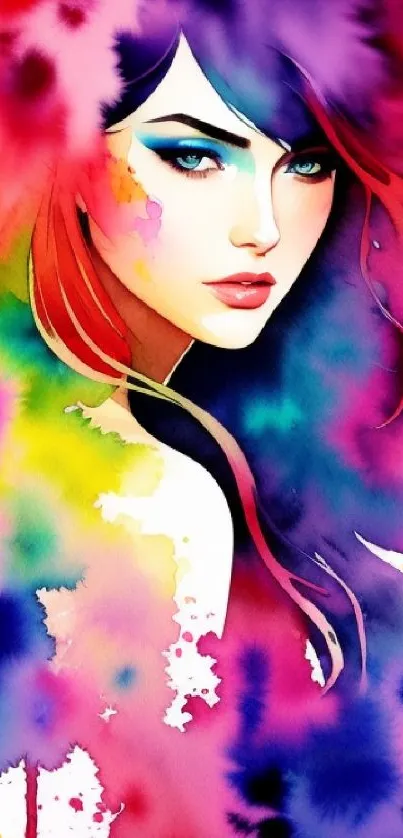 Vibrant watercolor portrait of a woman with colorful splashes.