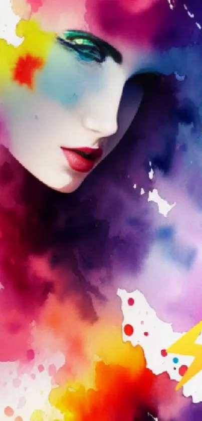 Vibrant watercolor portrait with abstract colors.