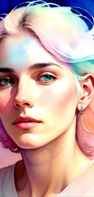 Watercolor portrait of a person with colorful pastel hues.