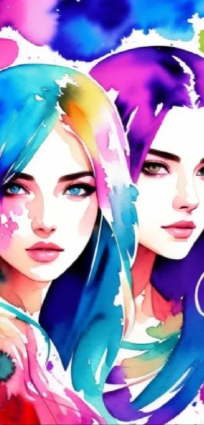 Vibrant watercolor portrait of two women in colorful hues.