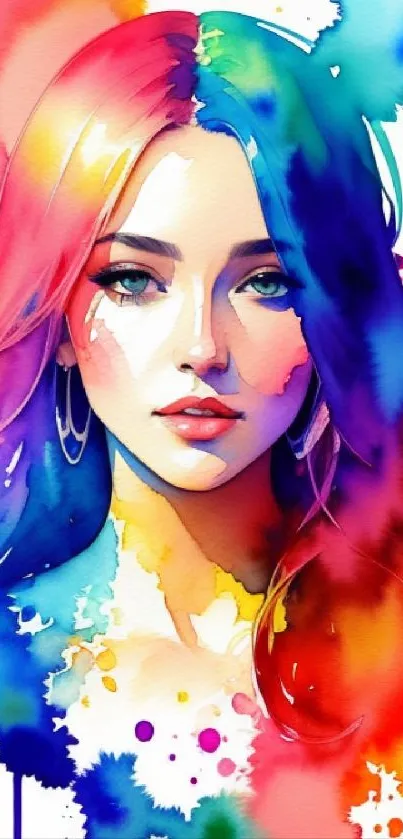 Colorful watercolor portrait of a woman with vibrant hues and artistic flair.