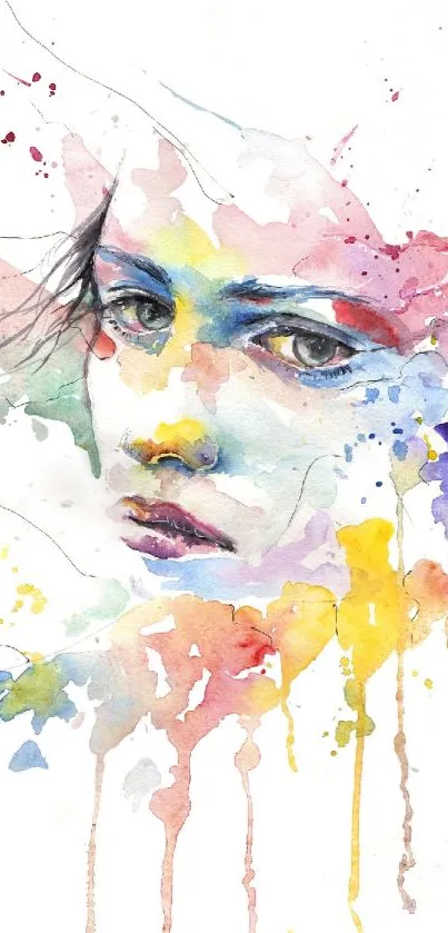 Vibrant watercolor portrait with abstract splashes.