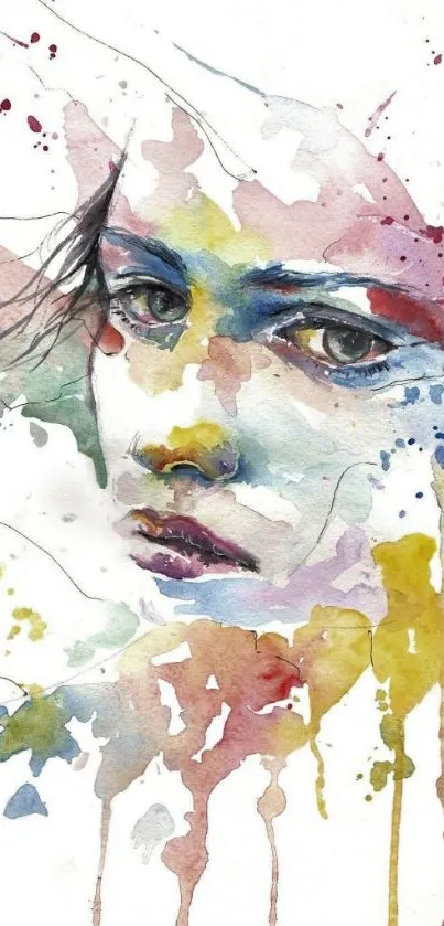 Watercolor portrait with vibrant colors and artistic splashes for mobile wallpaper.