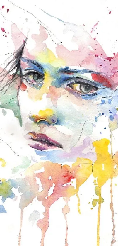 Watercolor portrait with vibrant colors and abstract design on a white background.