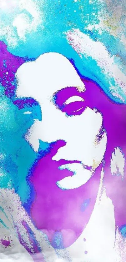 Vibrant watercolor portrait with purple and blue hues in an abstract style.