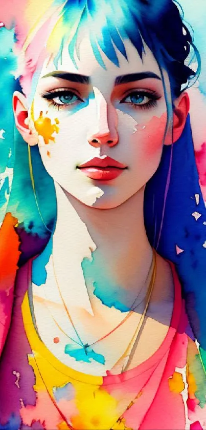 Colorful watercolor portrait of a woman with vibrant brushstrokes.