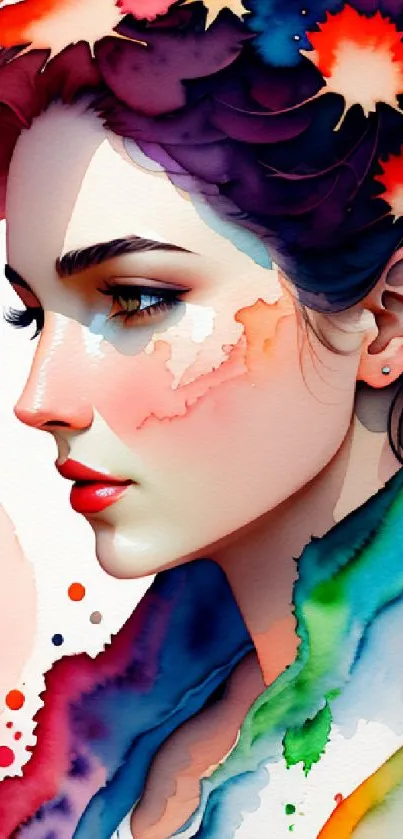 Vibrant watercolor portrait of a woman with abstract colors and artistic flair.