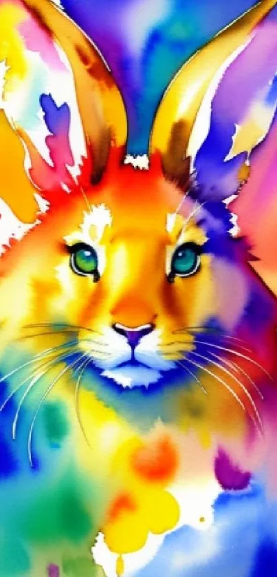 Vibrant watercolor rabbit artwork with multicolored splashes.