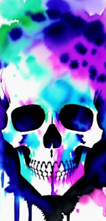 Vibrant watercolor skull wallpaper with splashes of blue, purple, and pink hues.