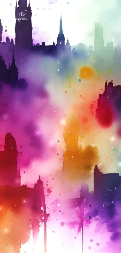 Vibrant watercolor skyline with colorful urban silhouettes.