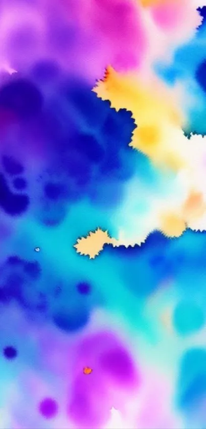 Colorful watercolor splash wallpaper in vibrant blue, purple, and yellow hues.