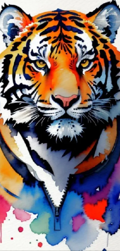 Watercolor tiger artwork in vibrant colors, ideal for phone wallpaper.