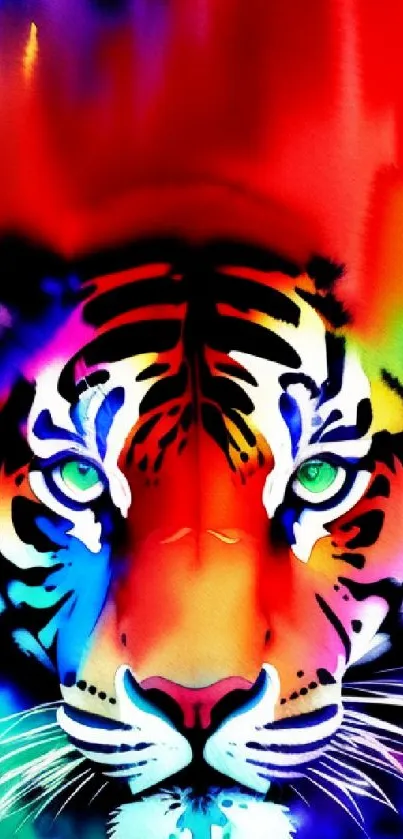 Vibrant watercolor tiger face art with rainbow colors.