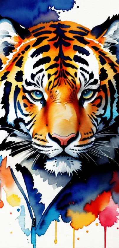 Vibrant watercolor painting of a tiger with colorful and artistic flair.