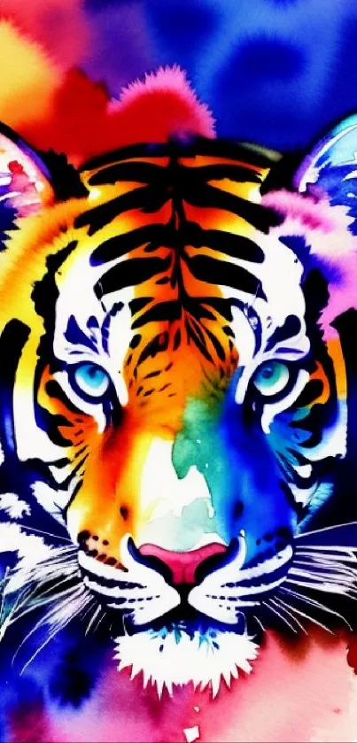 Vibrant watercolor tiger with rainbow background on mobile wallpaper.