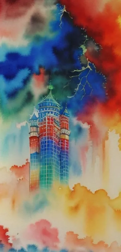 Colorful watercolor painting of a tower with vibrant abstract background.