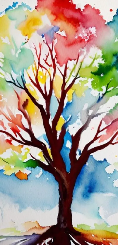 Vibrant and colorful watercolor tree artwork for mobile wallpaper.