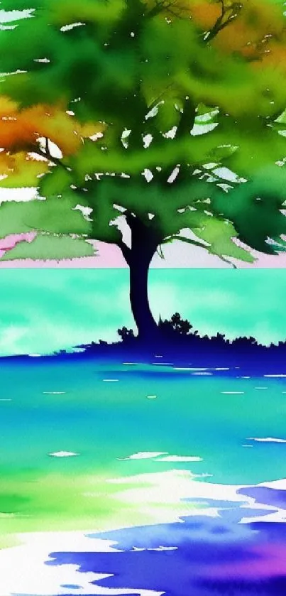 Watercolor tree with vibrant colors and serene landscape.