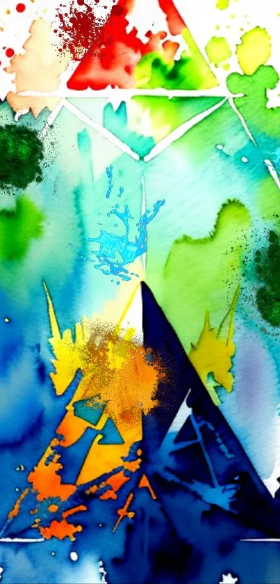 Vibrant watercolor abstract wallpaper with triangles and colorful splashes.