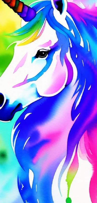 Vibrant watercolor unicorn art in colorful hues.