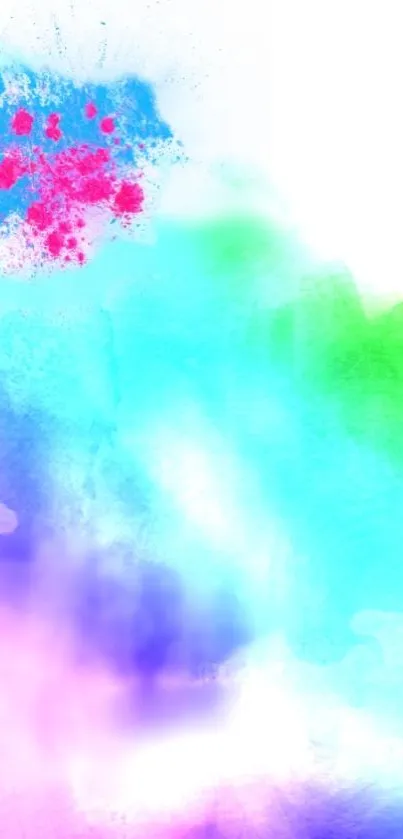 Vibrant watercolor mobile wallpaper with blue, pink, and green splashes.