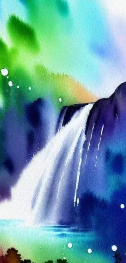 Colorful watercolor waterfall artwork featuring vibrant colors and serene scenery.